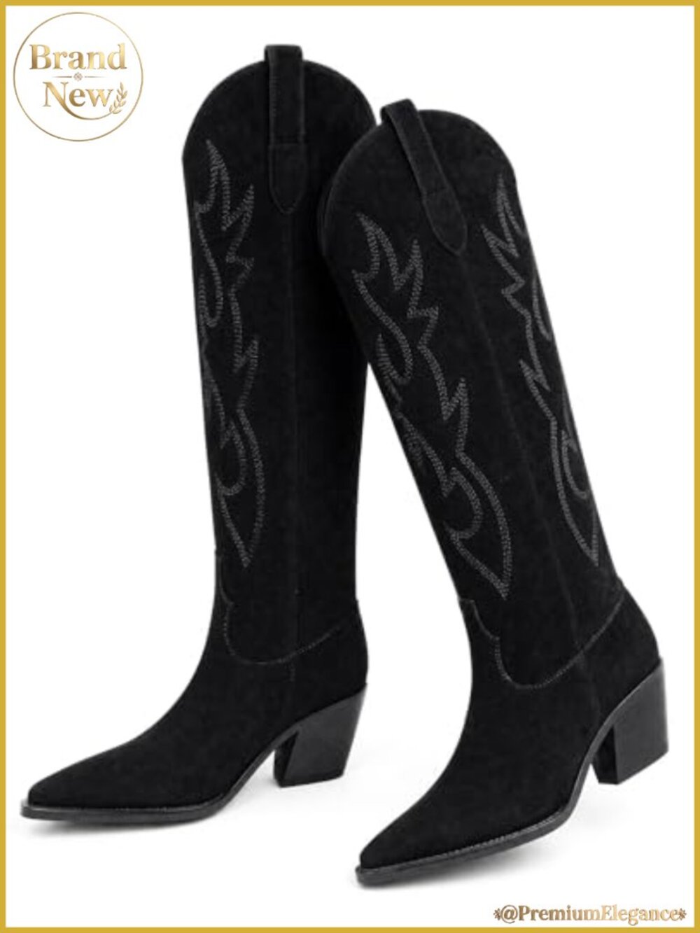 Faux Suede Knee High Western Cowgirl Boots Pointed Toe Block Heel Pull On